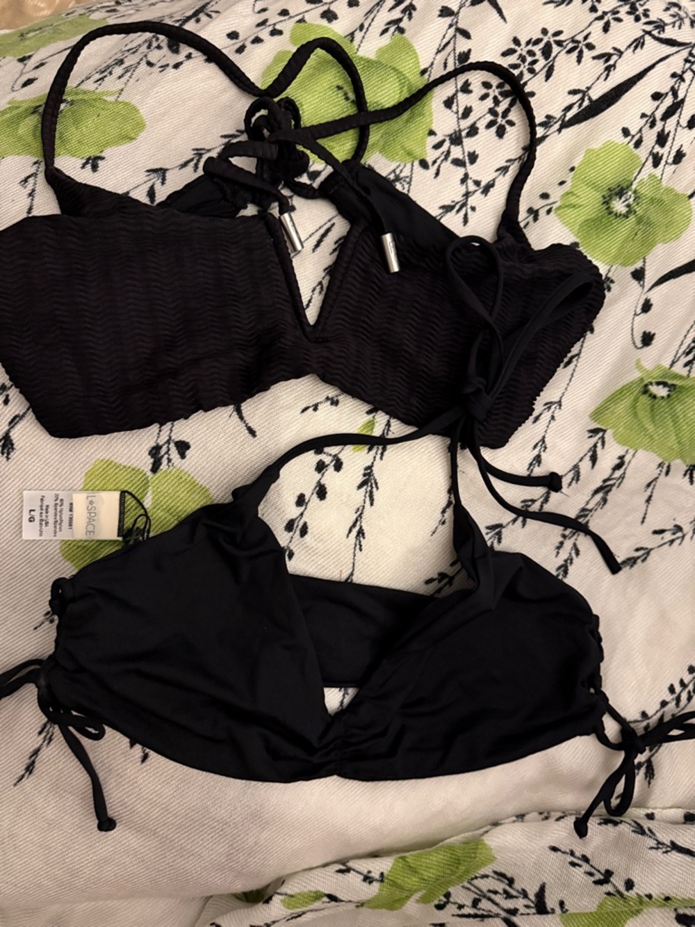2 black swim tops. Red Carter string tie top, L Space top ties at neck/sides